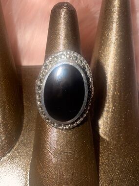 Vintage Art Deco Sterling Silver 925 Onyx & Marcasite Statement Ring - Size 7.5